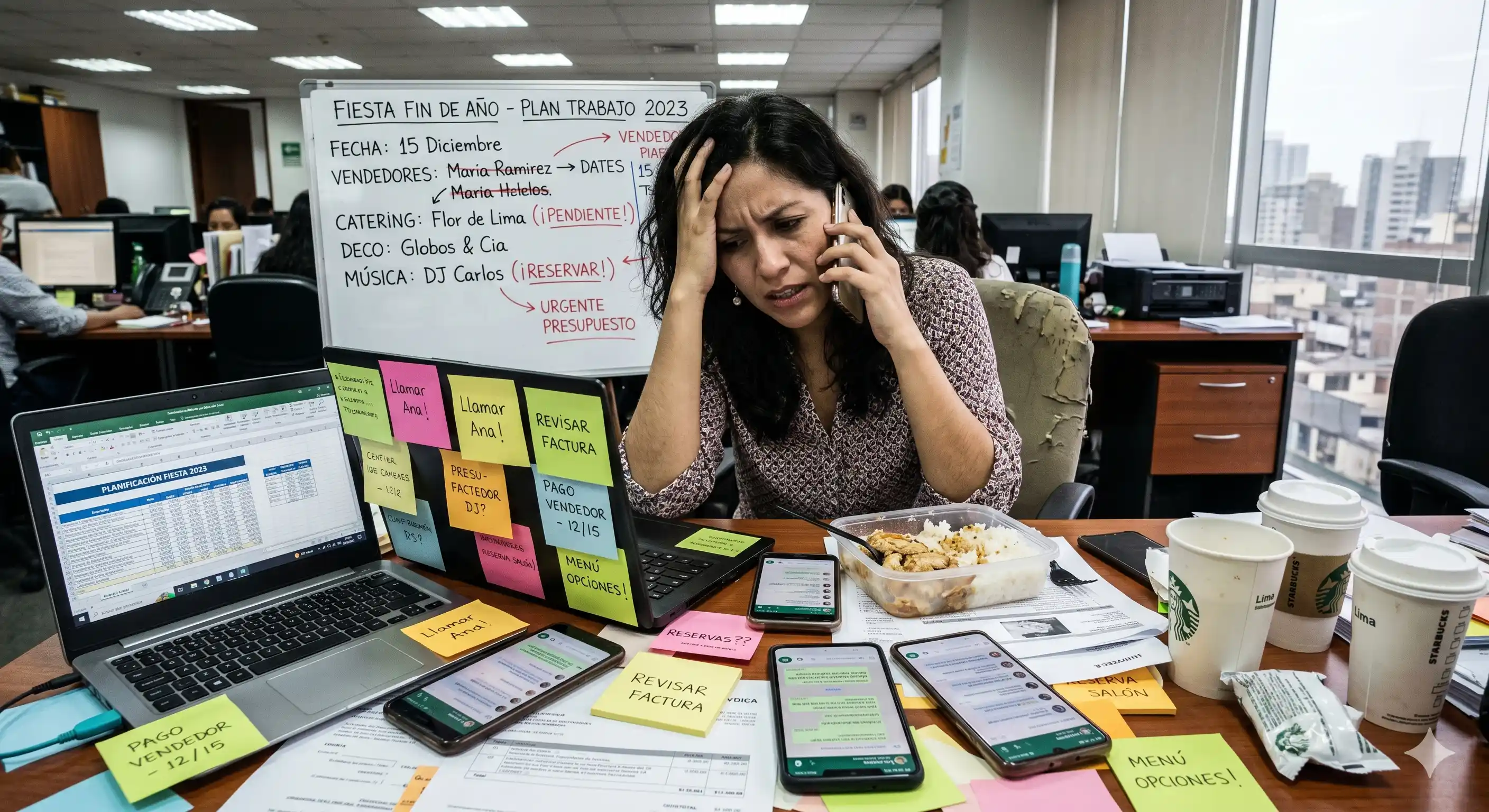 Coordinación caótica de evento corporativo — el estrés de organizar solo